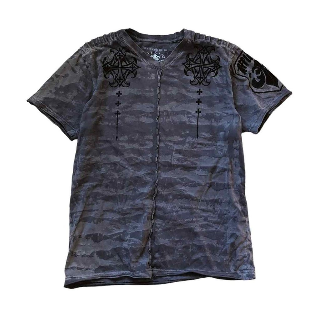 AFFLICTION Gray Black Cross Embellished V-Neck Tee Shirt Men's XL